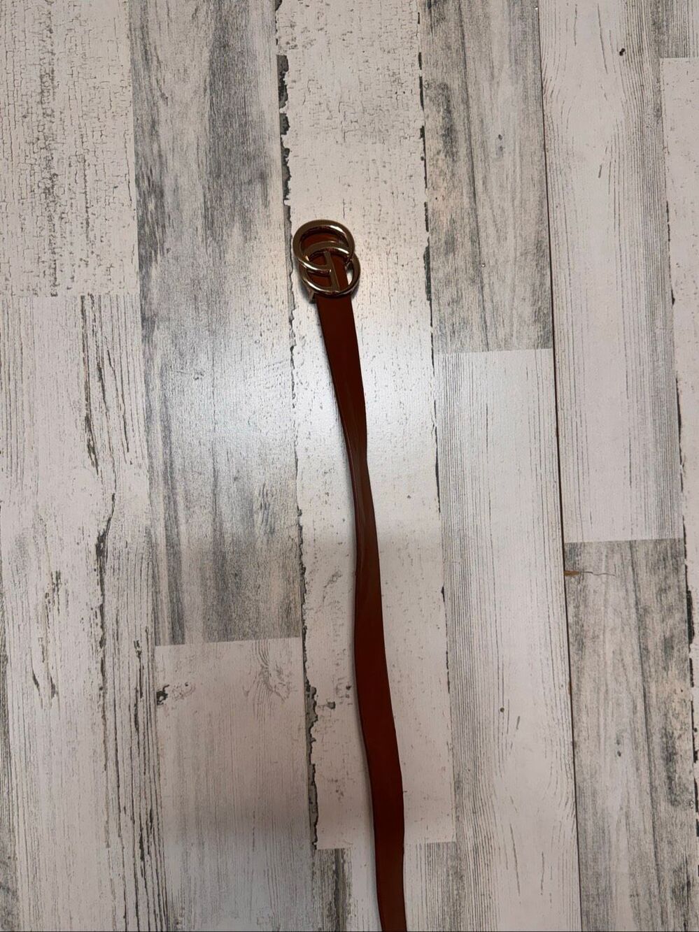 Cognac Brown Faux Leather Skinny Belt Gold Double Circle Ring Buckle Womens
